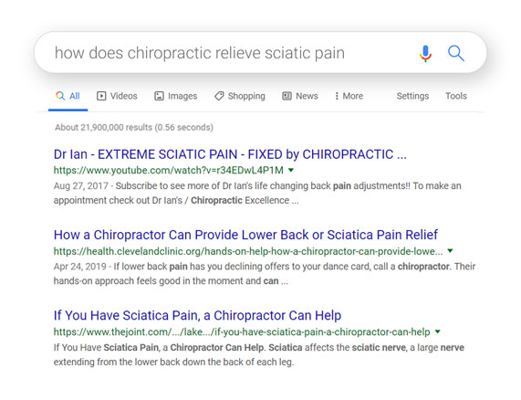 Search example with just organic results for “how does chiropractic relieve sciatic pain”