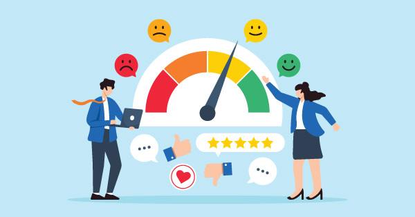 Two people measuring customer satisfaction with emojis and ratings.