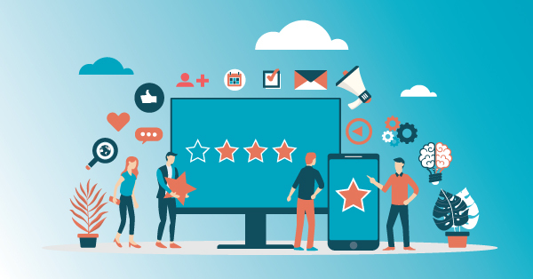 People interacting with online star rating and review system.