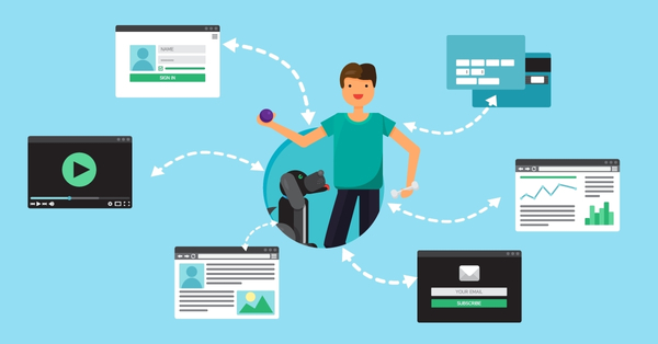 Person interacting with multiple digital platforms and web pages