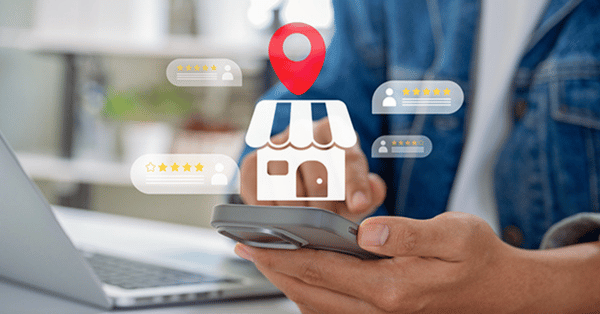 Person checking local business reviews on smartphone device.