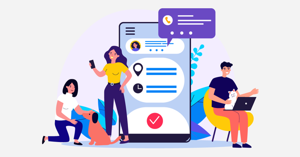 People using mobile app to schedule veterinary pet care.