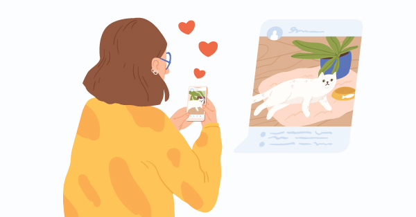 Woman photographing her white cat and sharing on social media.