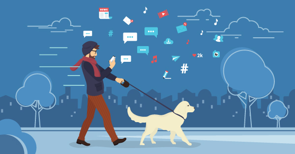Man walking dog while scrolling phone surrounded by notifications.