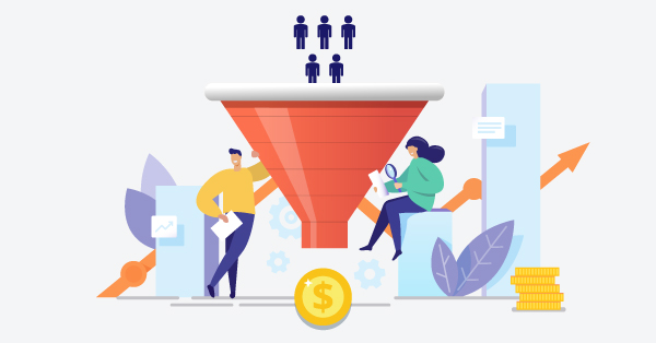 Digital marketing funnel attracting customers with data graphics.