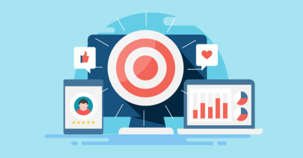 Target symbol on screen with marketing analytics and icons.