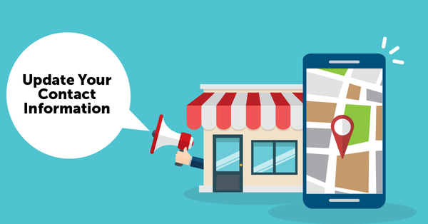 Storefront with megaphone announcing update your contact information.