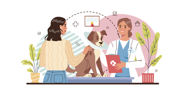 Veterinarian examining a dog with owner during pet consultation.