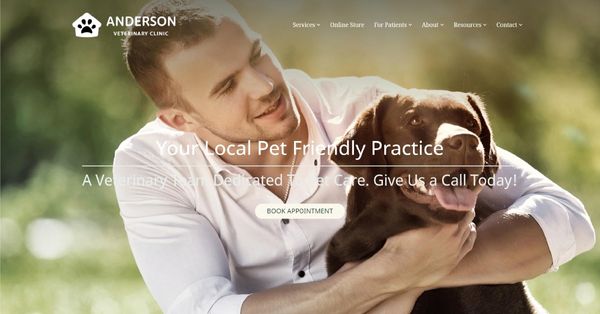 Veterinary clinic website showing man hugging his brown dog.