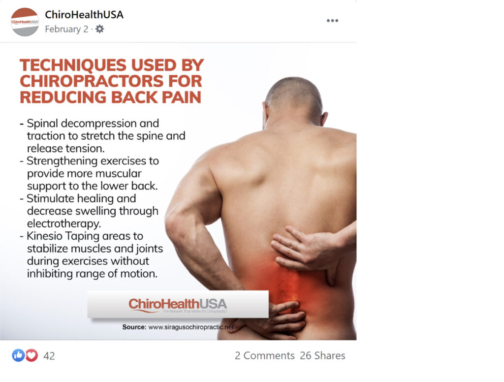 Screenshot of a social image about chiropractic techniques from Chiro Health USA.