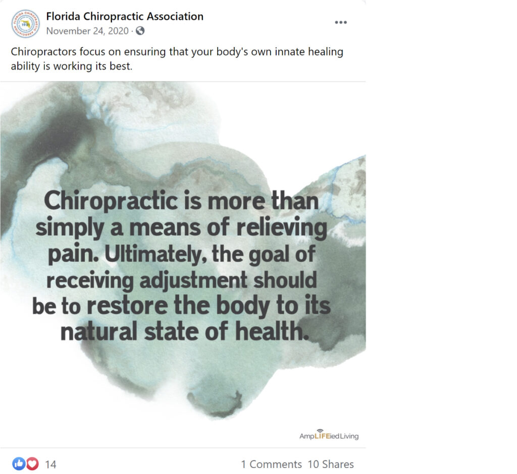 Screenshot of a social image about relieving pain from the Florida Chiropractic Association.