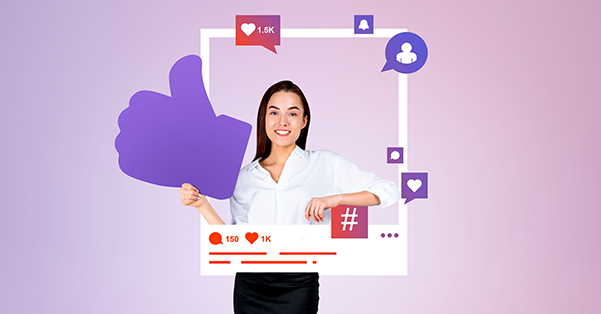 Woman holding a social media frame with icons for likes, followers, and hashtags, symbolizing content creation and engagement on Facebook.