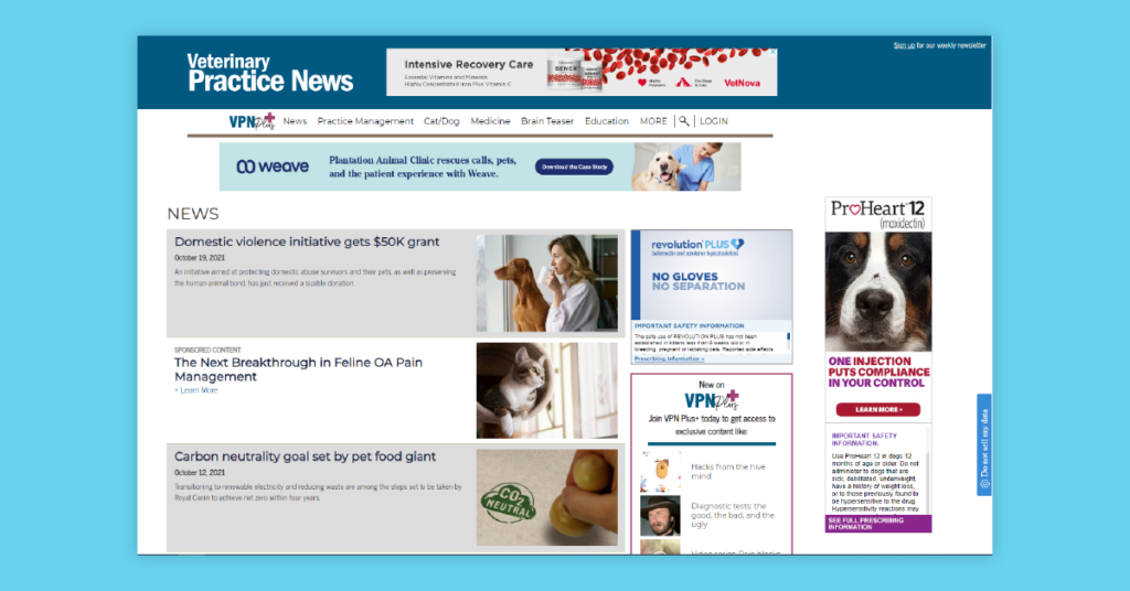 Screenshot of Veterinary Practice News blog page