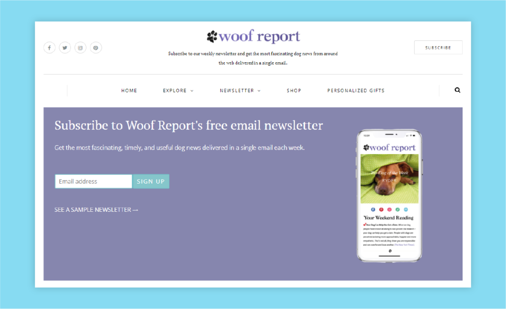 Screenshot of Woof Report newsletter page