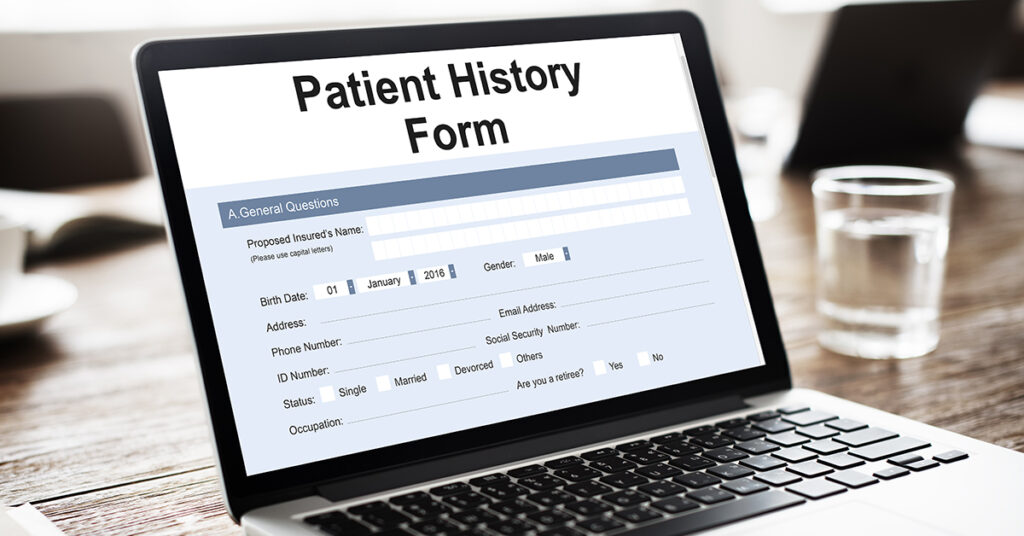 Patient history form on computer. 