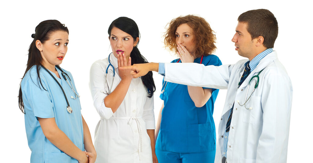Doctor putting finger and blaming nurse. 