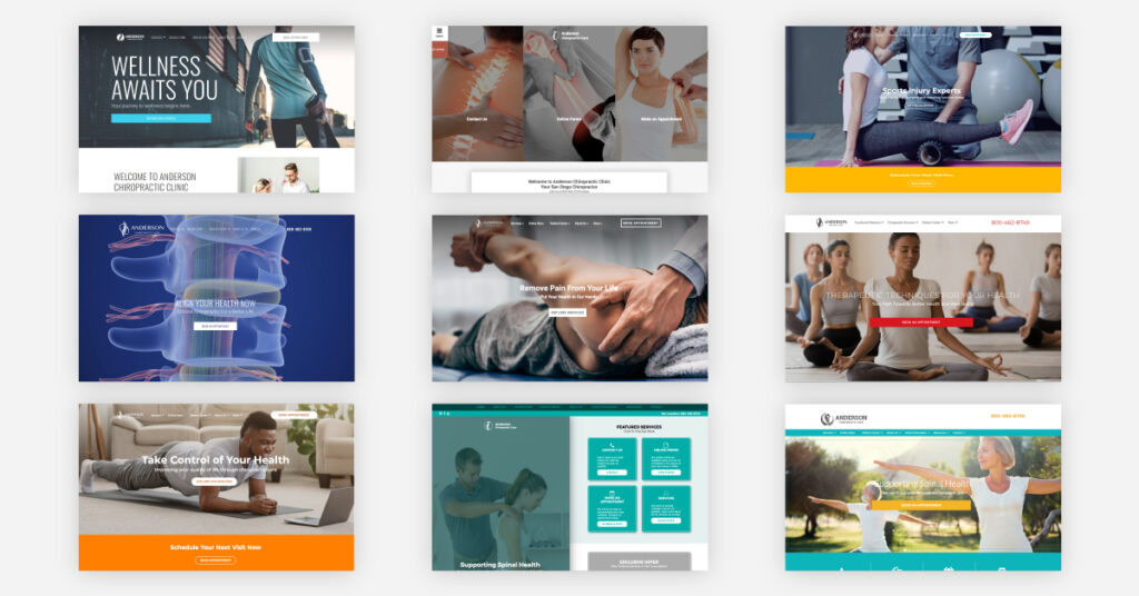 Screenshot of the homepages of the chiropractic website templates
