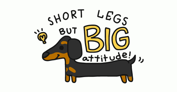 Cartoon dachshund with phrase short legs big attitude.