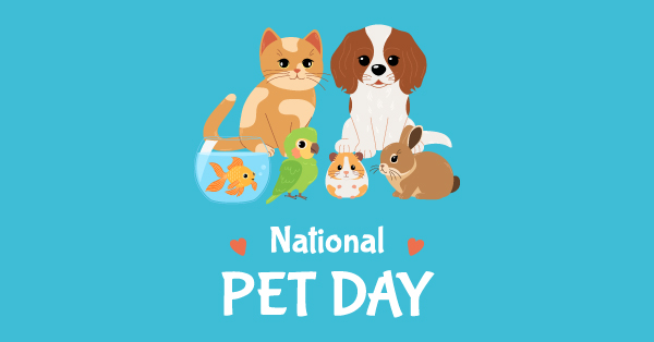 Cute pets illustration celebrating National Pet Day together.