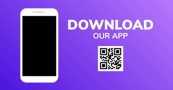 Smartphone and QR code with "DOWNLOAD OUR APP" text.