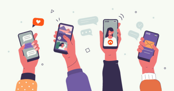 Hands holding phones with messages, video call, and email icons.