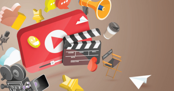 Vibrant image of video production with camera, clapperboard, and icons.