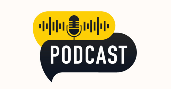 Yellow and black badge with microphone and "PODCAST" text.