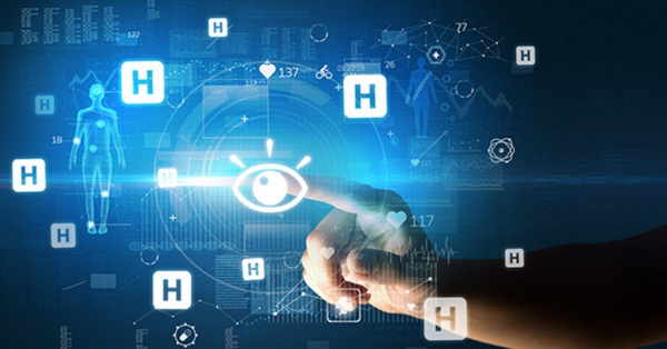 Digital healthcare technology with AI and holographic icons