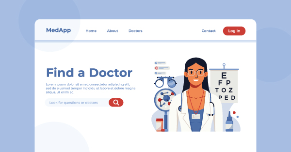 Website interface showing online doctor finder service