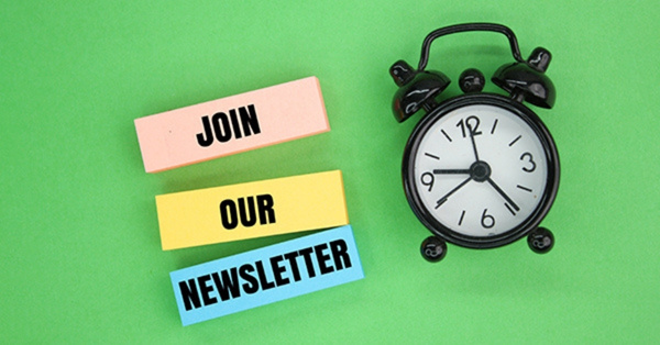 Join our newsletter concept with alarm clock