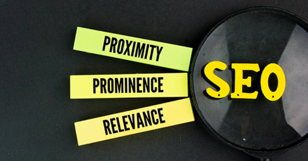 SEO concept with proximity, prominence, and relevance text tabs.