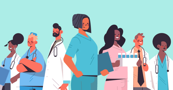 Illustrated diverse healthcare workers standing confidently together smiling.