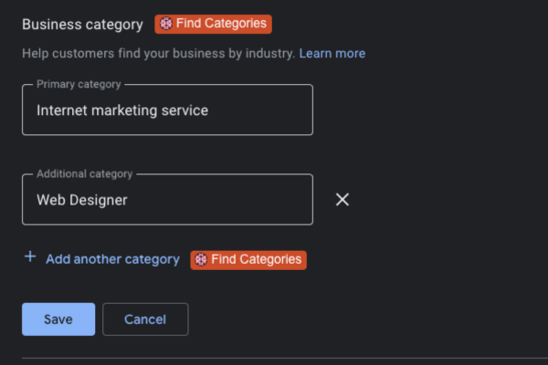 Business Category in GMB Profile