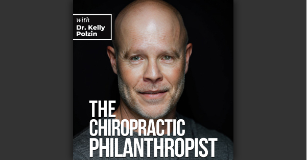 podcast cover image featuring Bald man on black background and white title "Chiropractic Philanthropy".