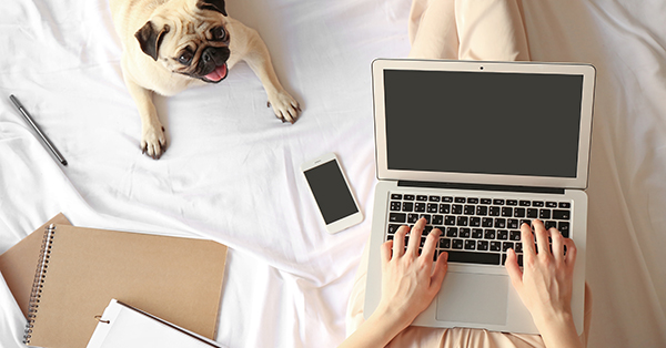 Young woman with laptop and adorable pug dog resting on bed