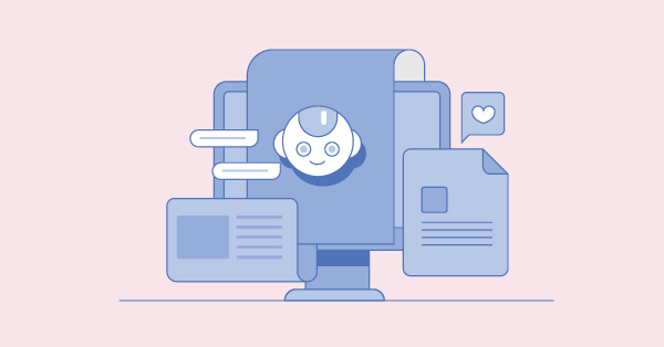 Smiling robot on screen with chat bubbles, documents