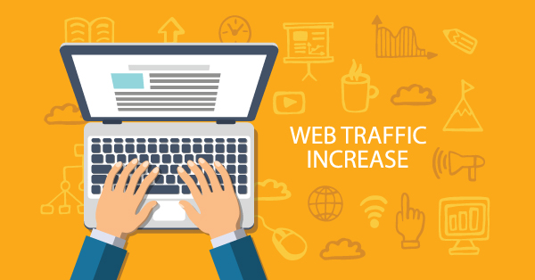 Hands typing on laptop with web traffic icons.