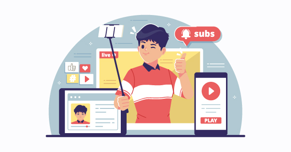 Person livestreaming with subs notification on devices.