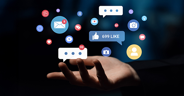 Multiple social media icons, likes, messages, and notifications representing online engagement