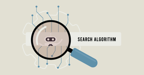Magnifying glass over robot with search algorithm label.