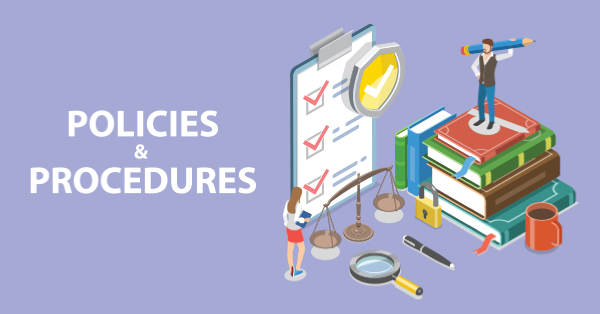 People with checklist, books, and scales for policies.