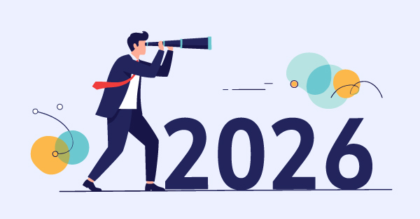 Visionary businessman looking through a telescope towards the year 2026