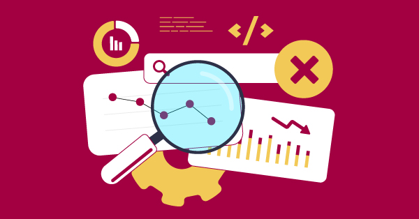 Magnifying glass analyzing declining SEO and website performance.