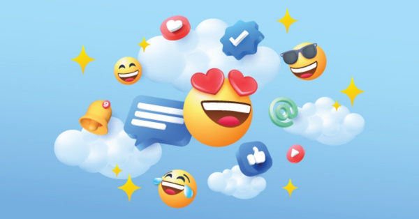 3D social media emojis floating in clouds with icons.