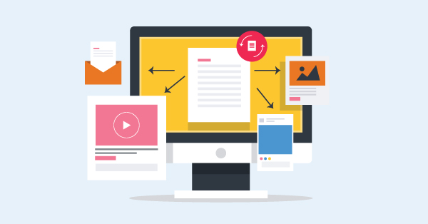 Flat illustration of a desktop computer showing content repurposing with video, text and image icons