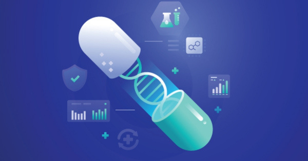 Digital pharma technology concept showing capsule with DNA strand.