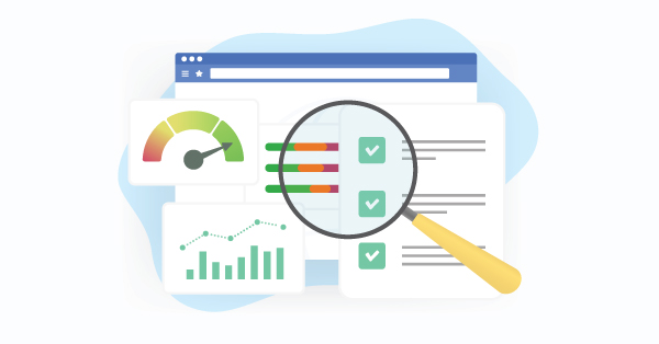 Flat illustration showing website analytics dashboard with magnifying glass highlighting domain history