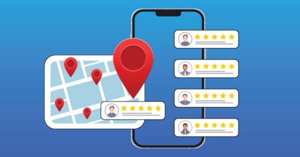 Local SEO marketing illustration with smartphone, map, and reviews.