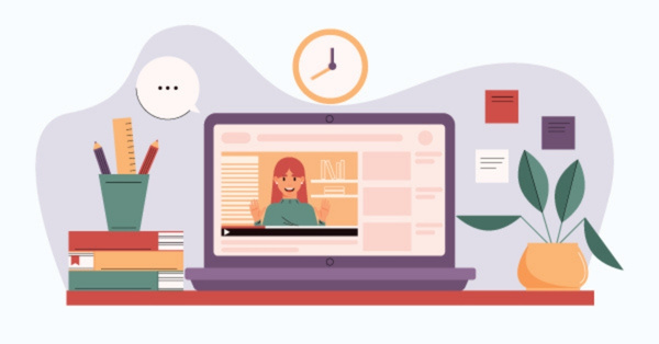 Laptop showing online course with female instructor and materials.