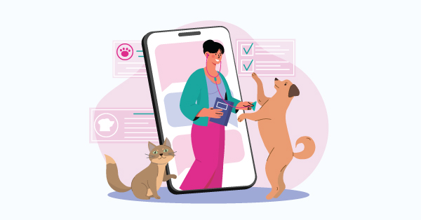 Illustration of a veterinarian appearing from a smartphone screen with a dog and cat interacting